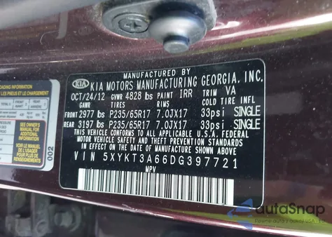 2013 Kia Sorento Lx from USA, damaged, VIN 5XYKT3A66DG397721